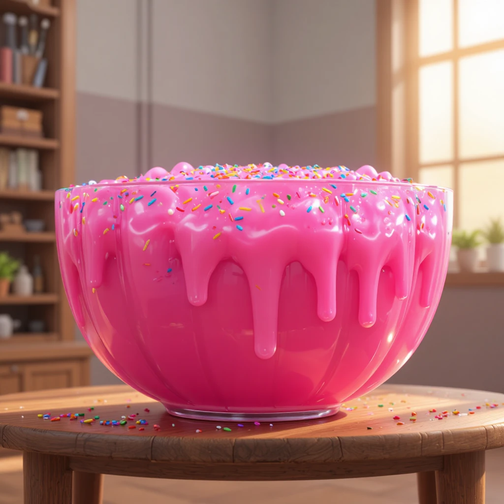Enorme postre de gelatina rosa en un cuenco sobre mesa de madera