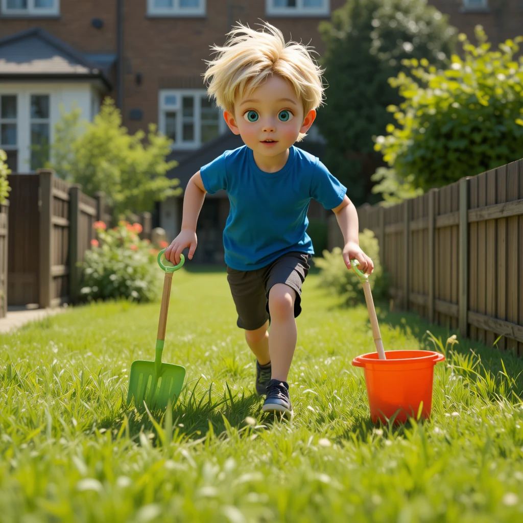 Niño corriendo en un soleado jardín británico