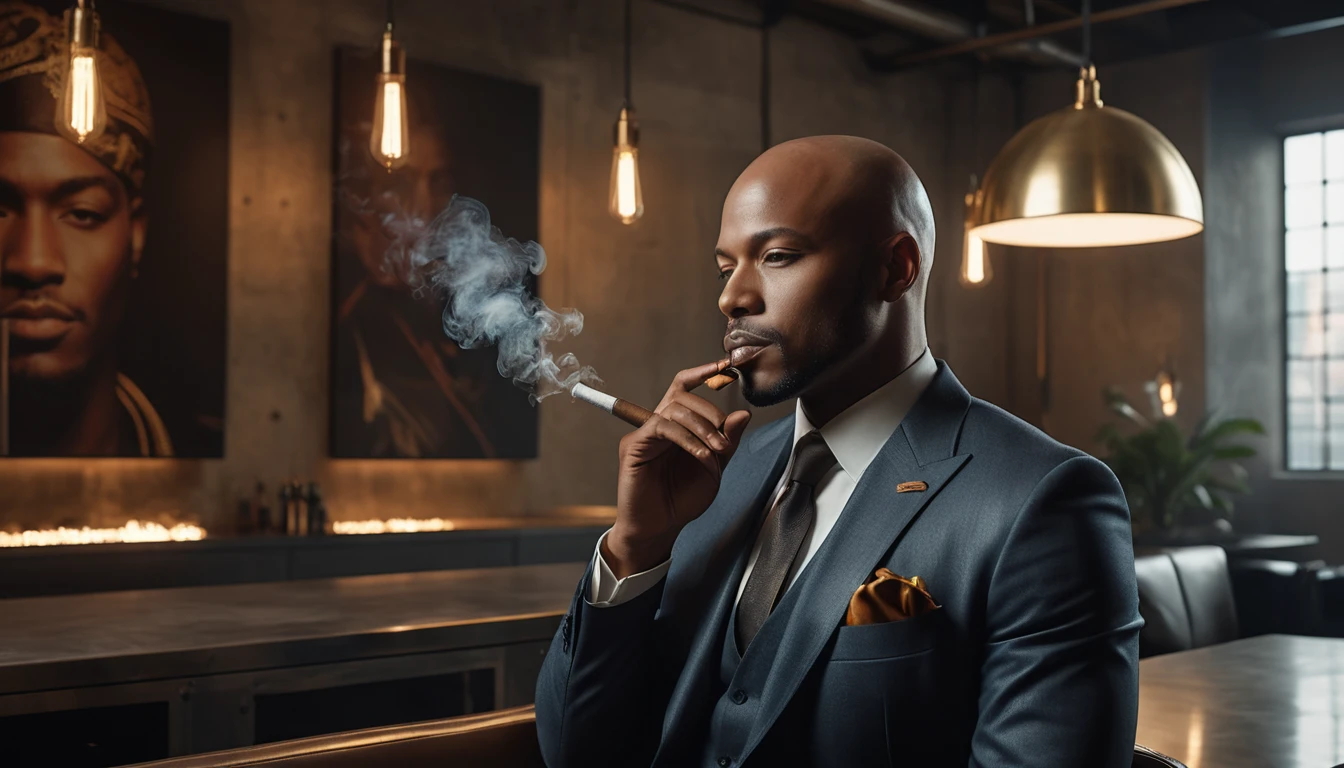 Uomo calvo e sicuro di sé che fuma un sigaro in un interno industrial