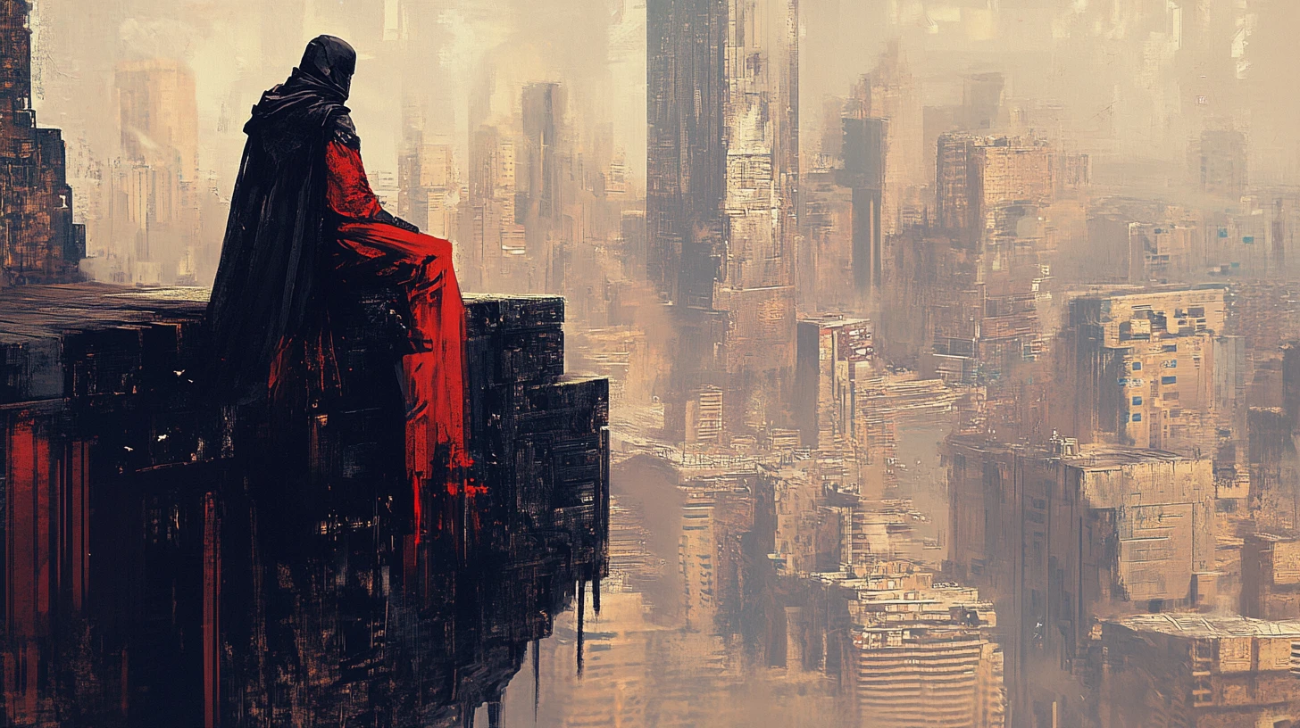 Masked vigilante on cliff above gritty industrial city