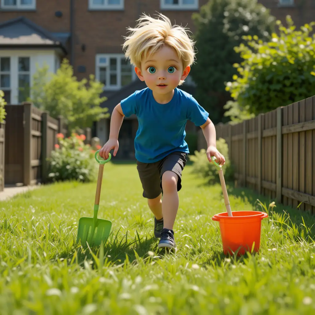 Young boy running in a sunny British garden