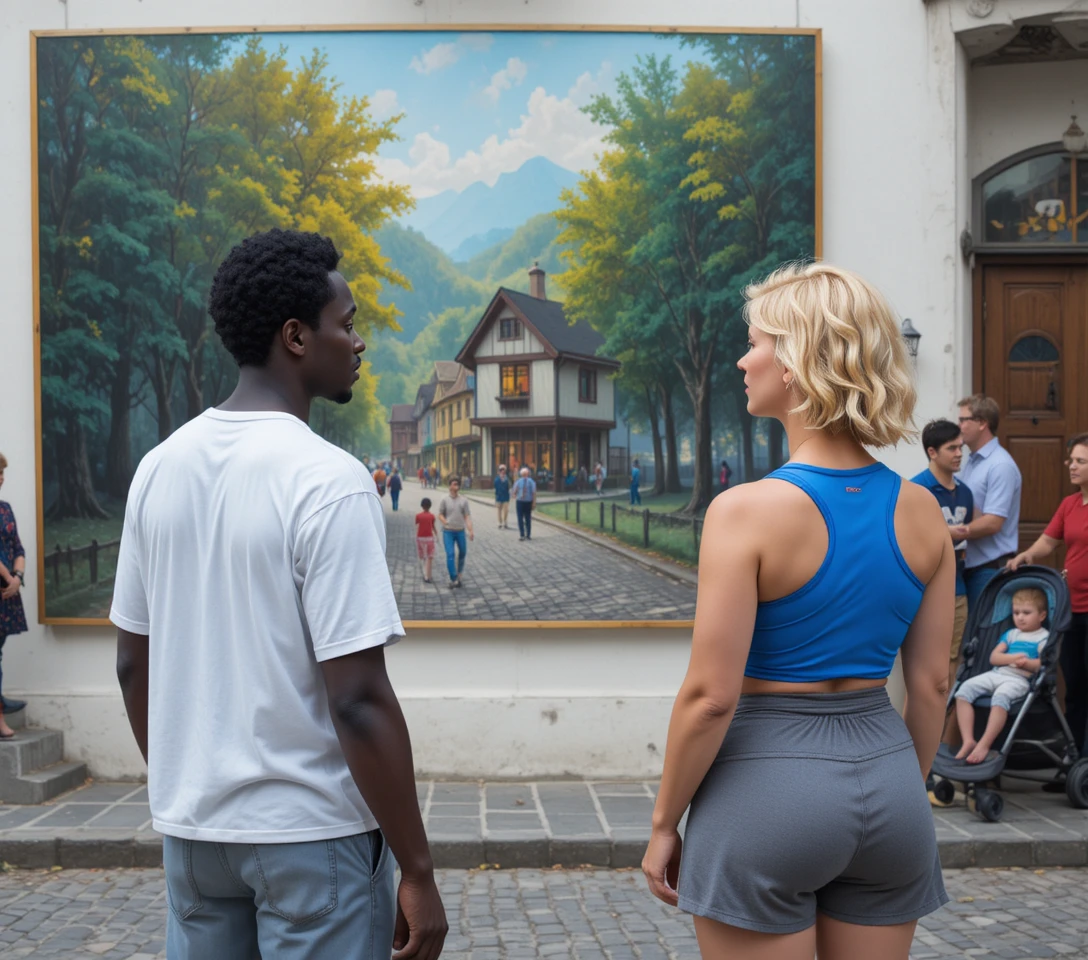 Men viewing a colorful forest painting on a busy city street