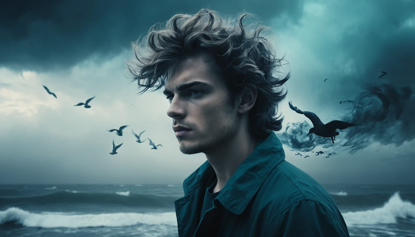 Retrato surreal de doble exposición de un hombre y un mar tormentoso