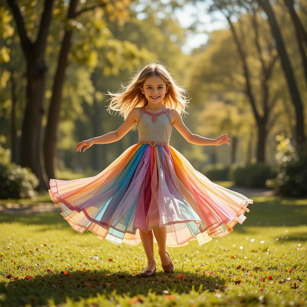 Joyful little girl dancing in a sunny park scene