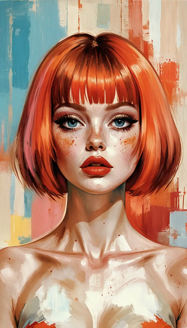 Ritratto pop art di ragazza con caschetto rosso brillante