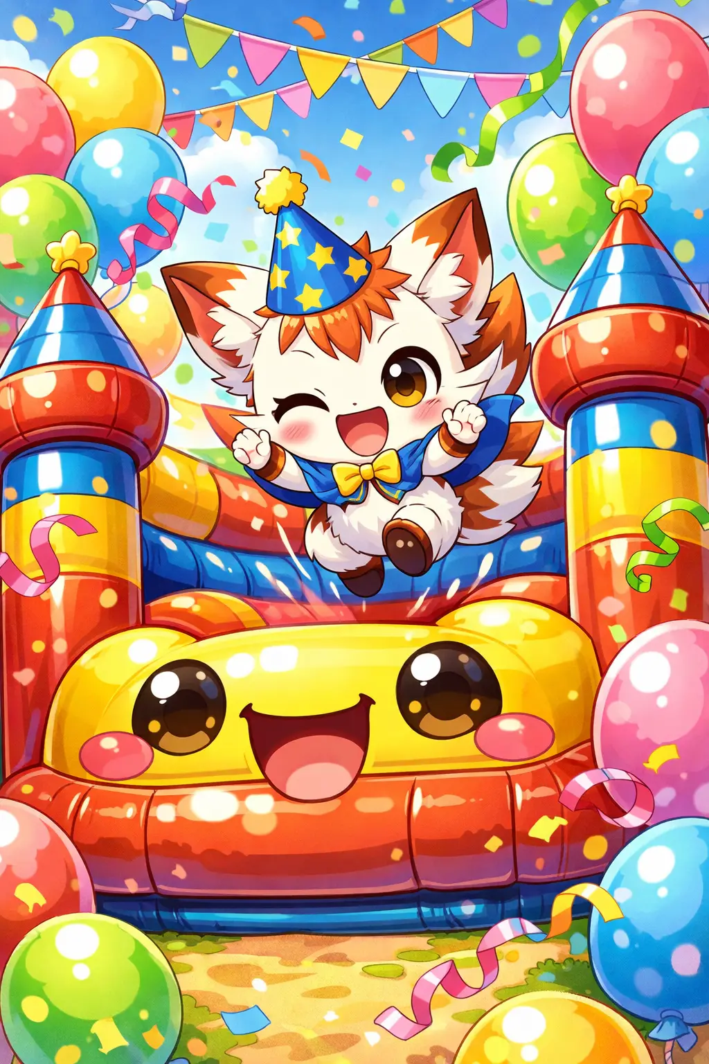 Chibi creature jumping into cheerful inflatable party house