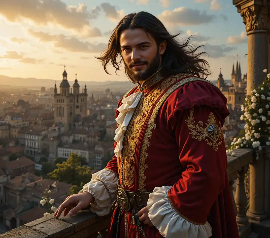 Proud medieval nobleman on balcony at sunset