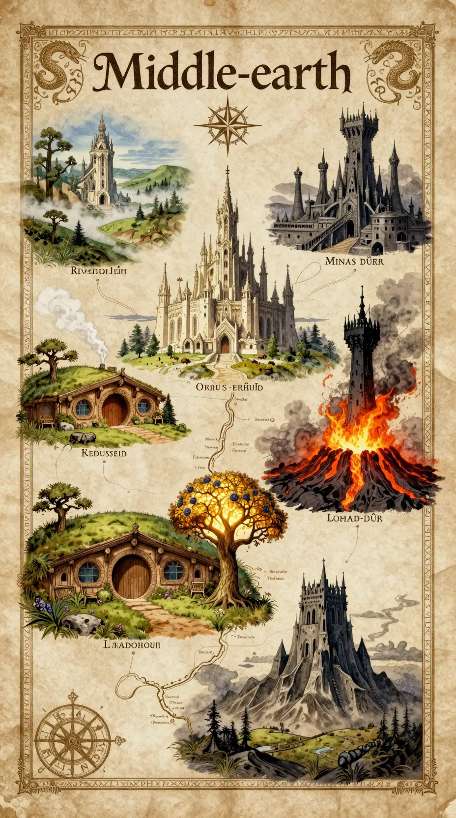 Vintage illustrated fantasy map on aged parchment