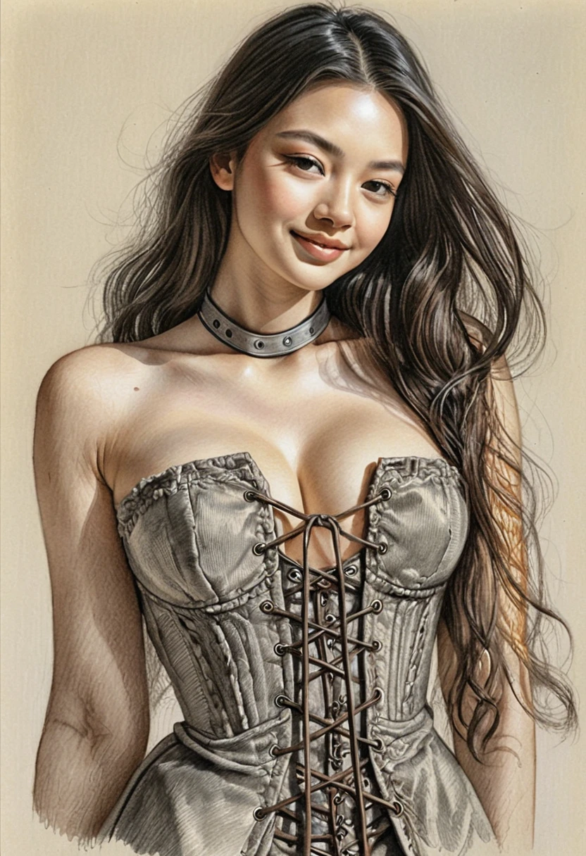 Sepia portrait drawing of young East Asian woman in corset