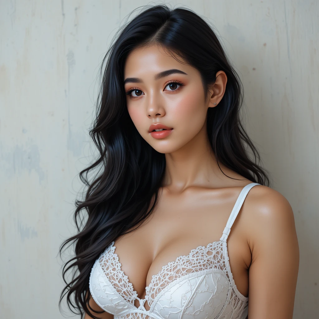 Young woman portrait in white lace bra against neutral wall