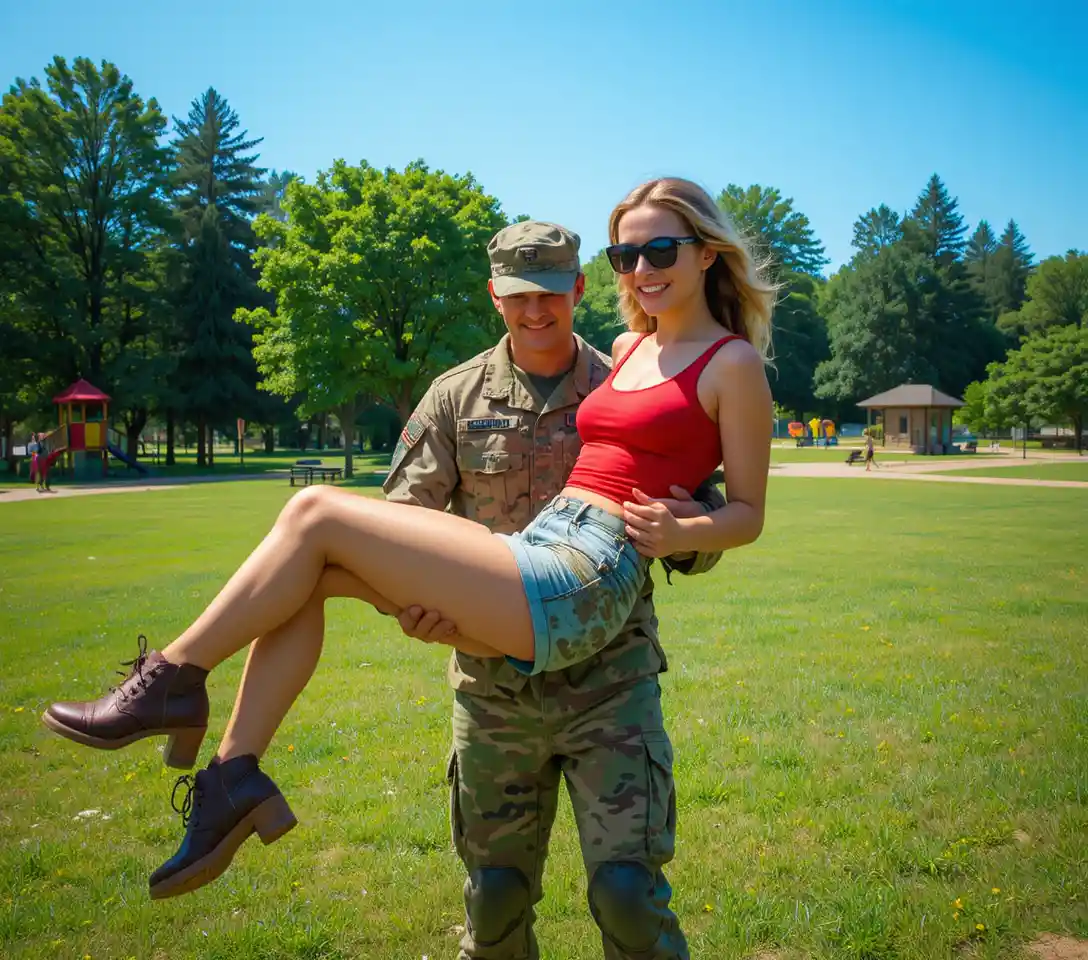 Man lifting smiling woman in park under blue sky