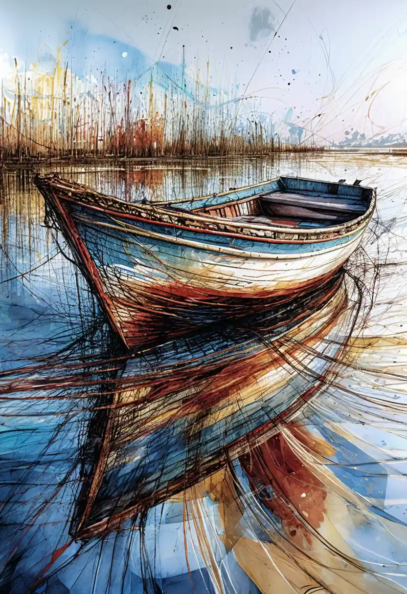 Expressive line art of an old wooden fishing boat