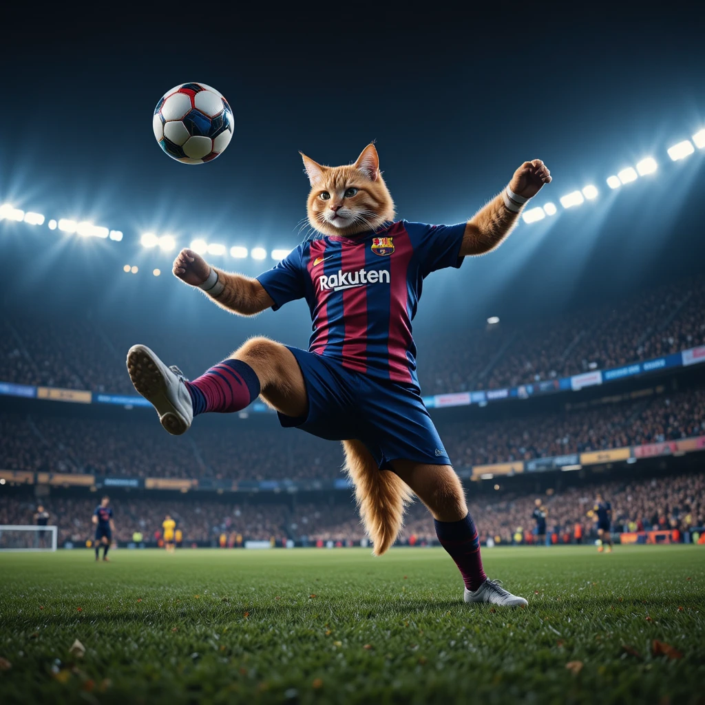 Athletic cat goalkeeper saving a ball in crowded stadium