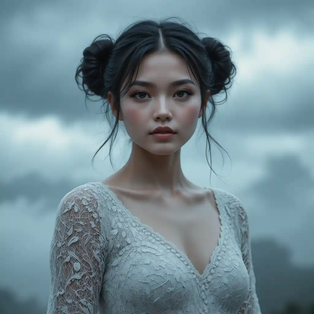 Woman in white lace beneath a moody gray sky