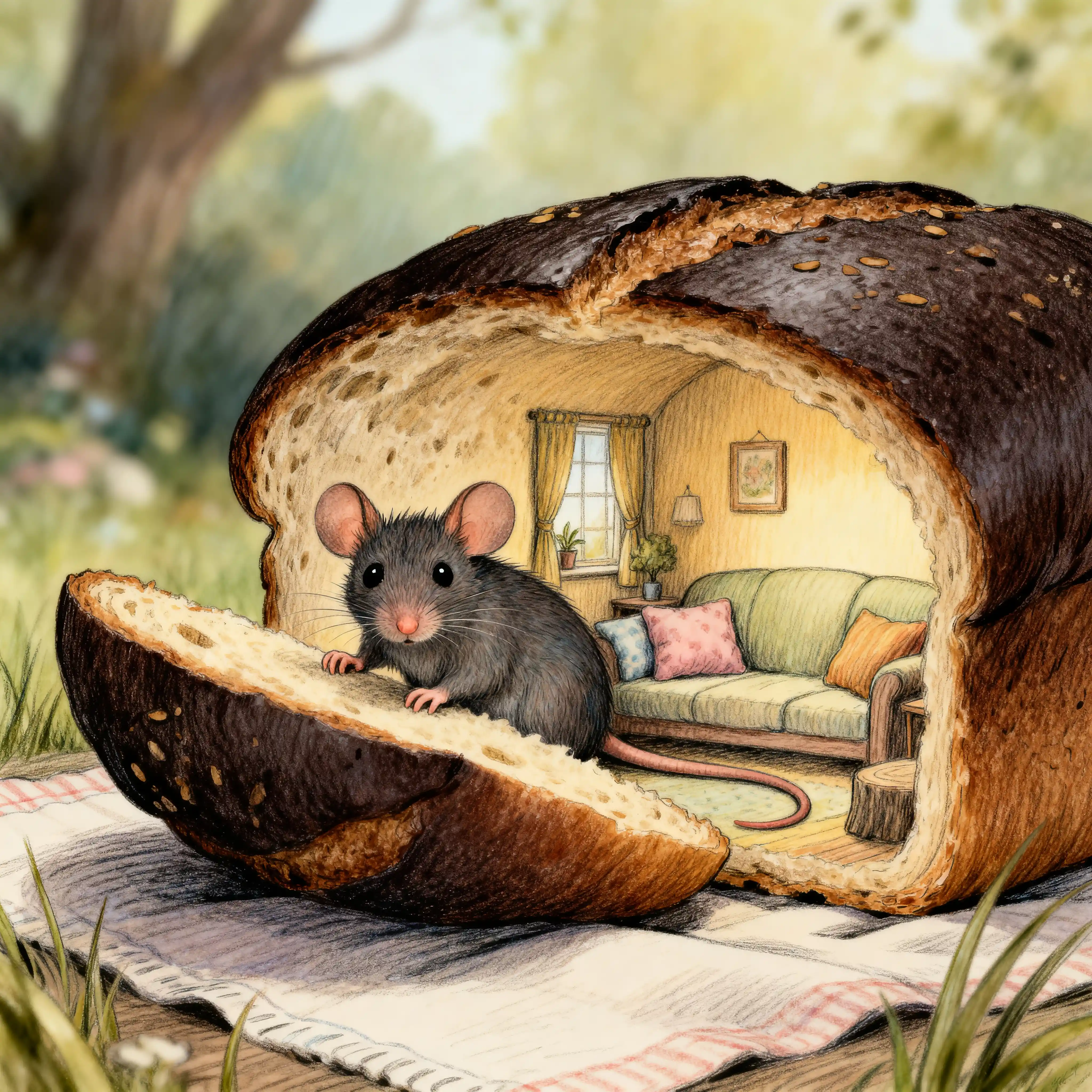 Tiny rat hiding in a cozy bread roll living room