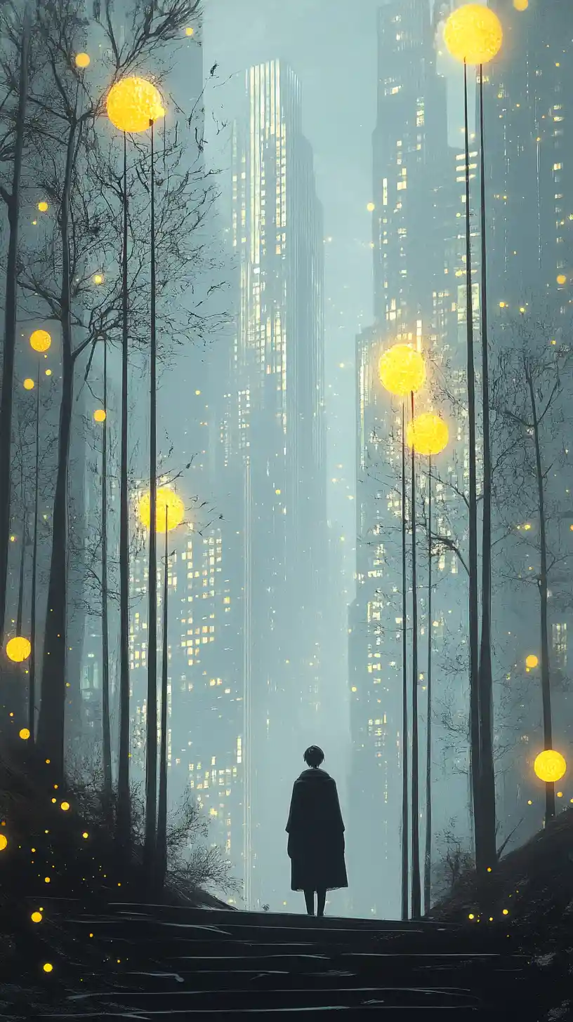 Lone figure on glowing stairway to surreal city