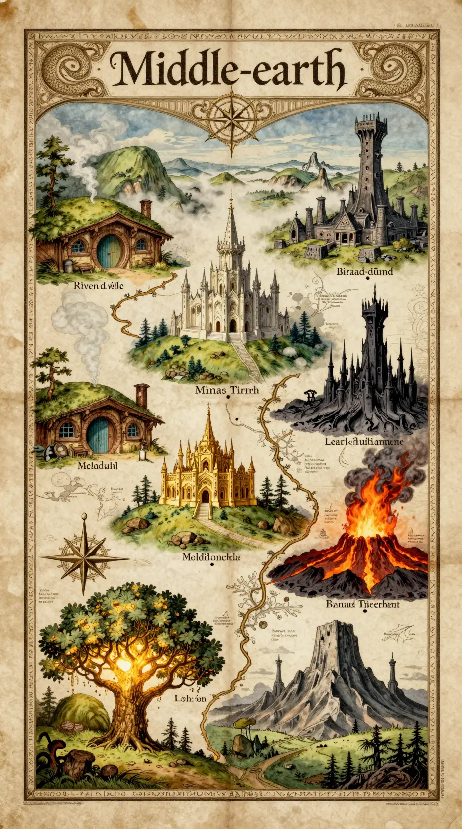 Vintage hand drawn fantasy map on aged parchment