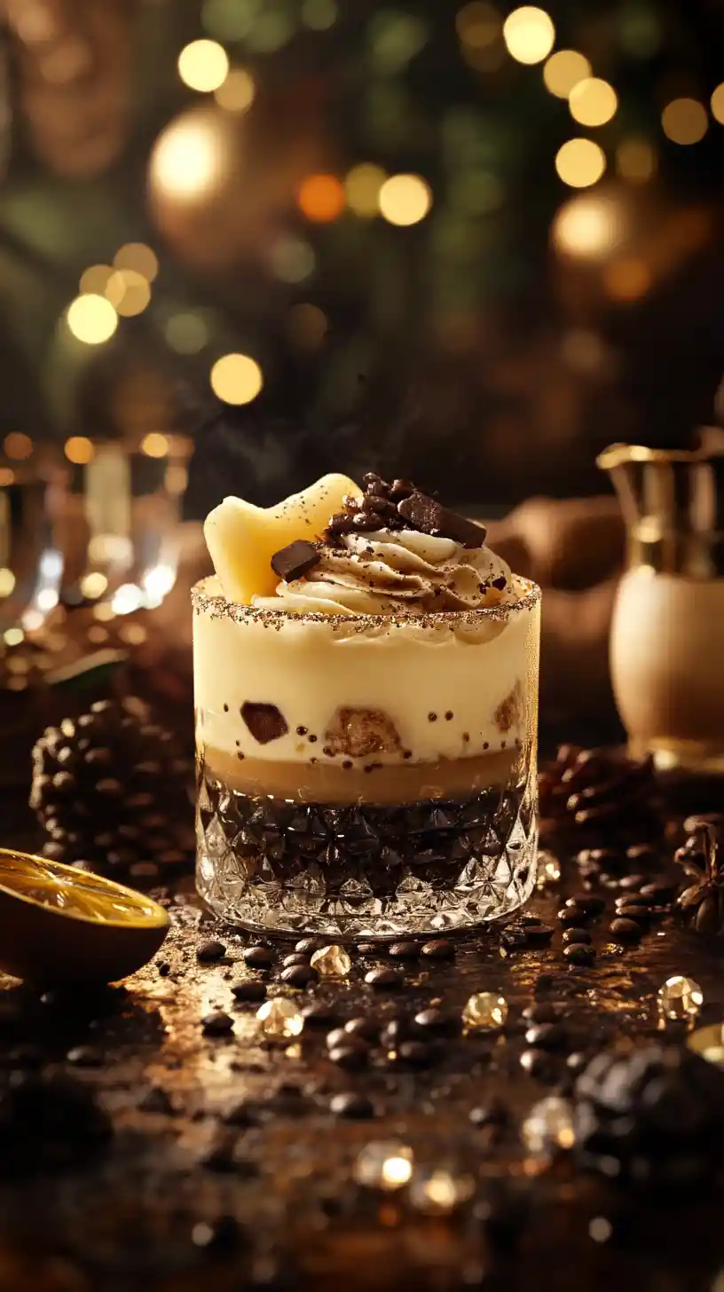 Eggnog dessert and cake with coffee beans and diamonds