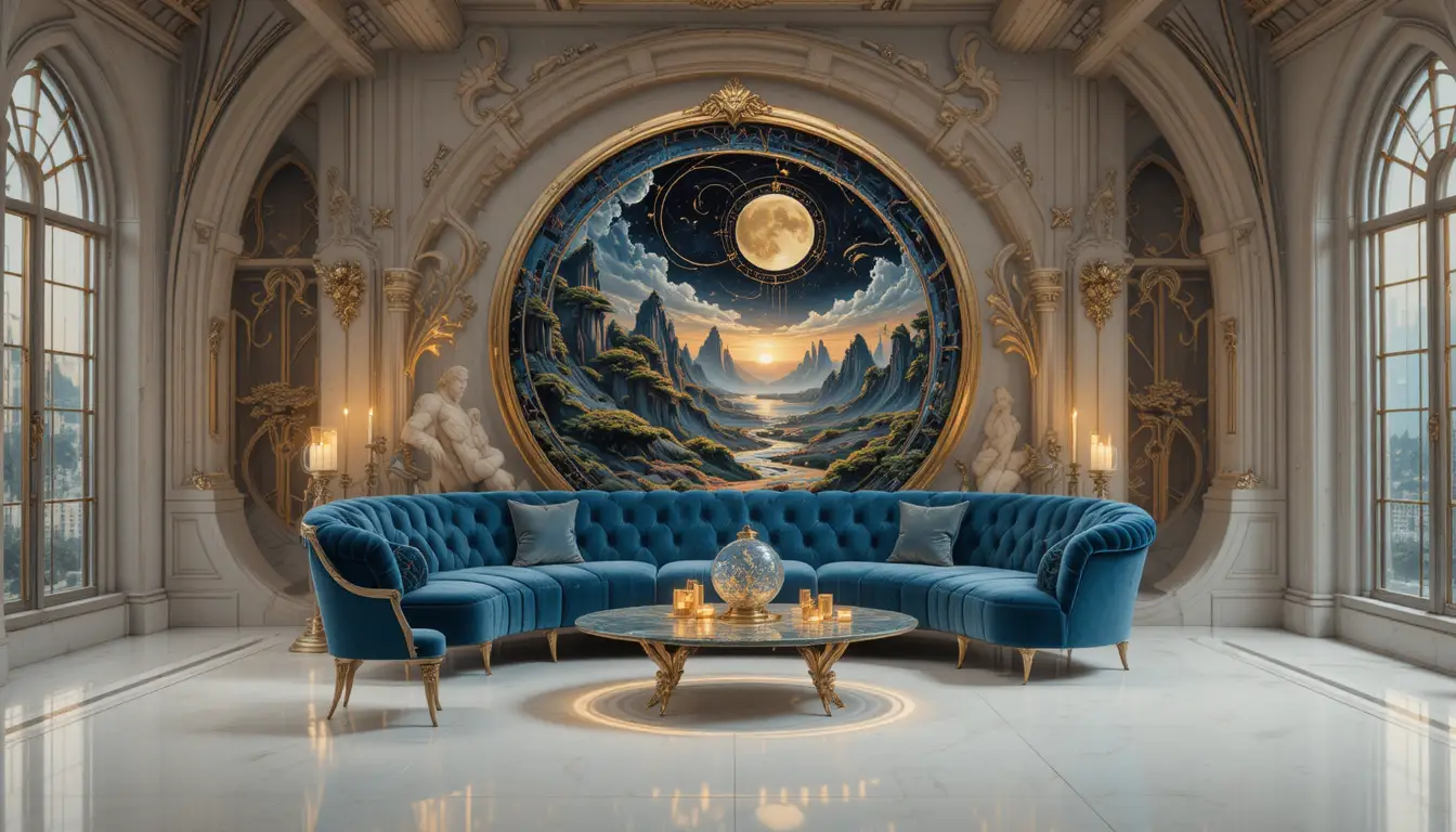 Surreal sun and moon face framing visionary mountain landscape