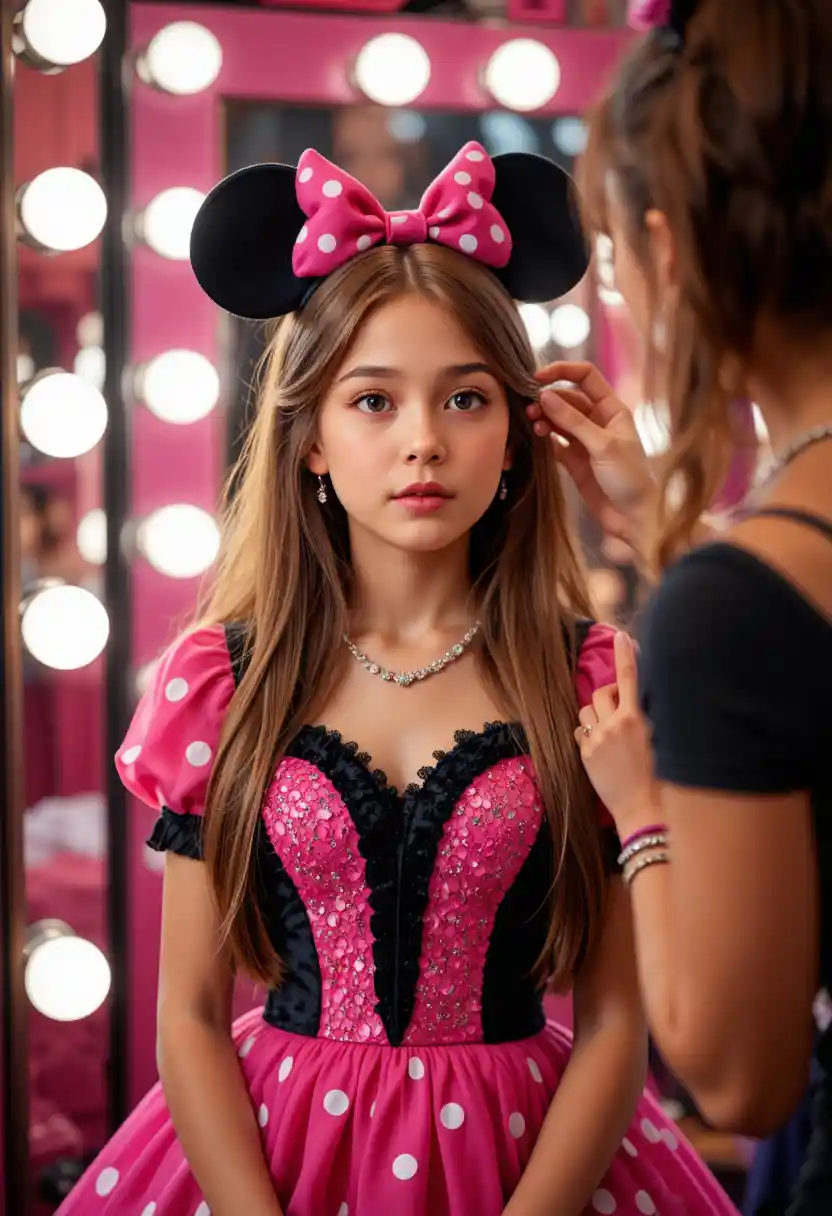 Junger Junge im Minnie-Kleid bekommt Make-up im Hinterzimmer einer Boutique