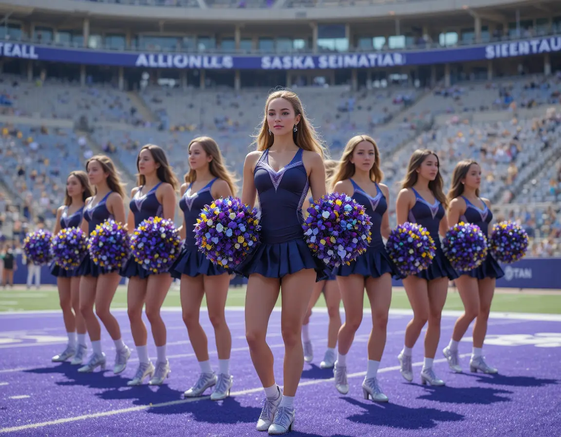 Squadra di cheerleader che esegue una coreografia su un campo di stadio soleggiato