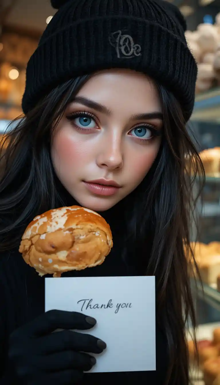 Woman in black beanie leaning in a bakery at night