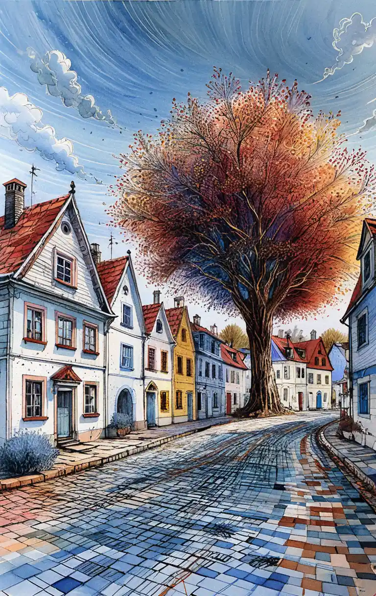Rua colorida de vila com árvore de outono em line art