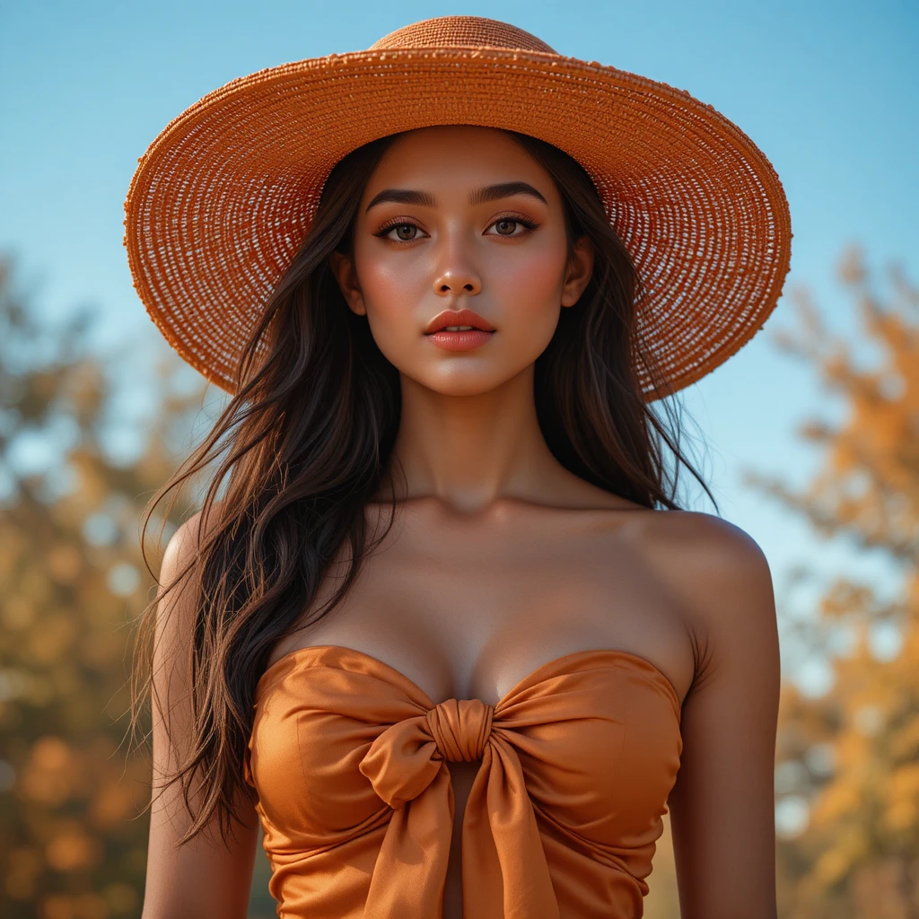 Elegante Frau im orangefarbenen Bustier-Top und breitem Sonnenhut