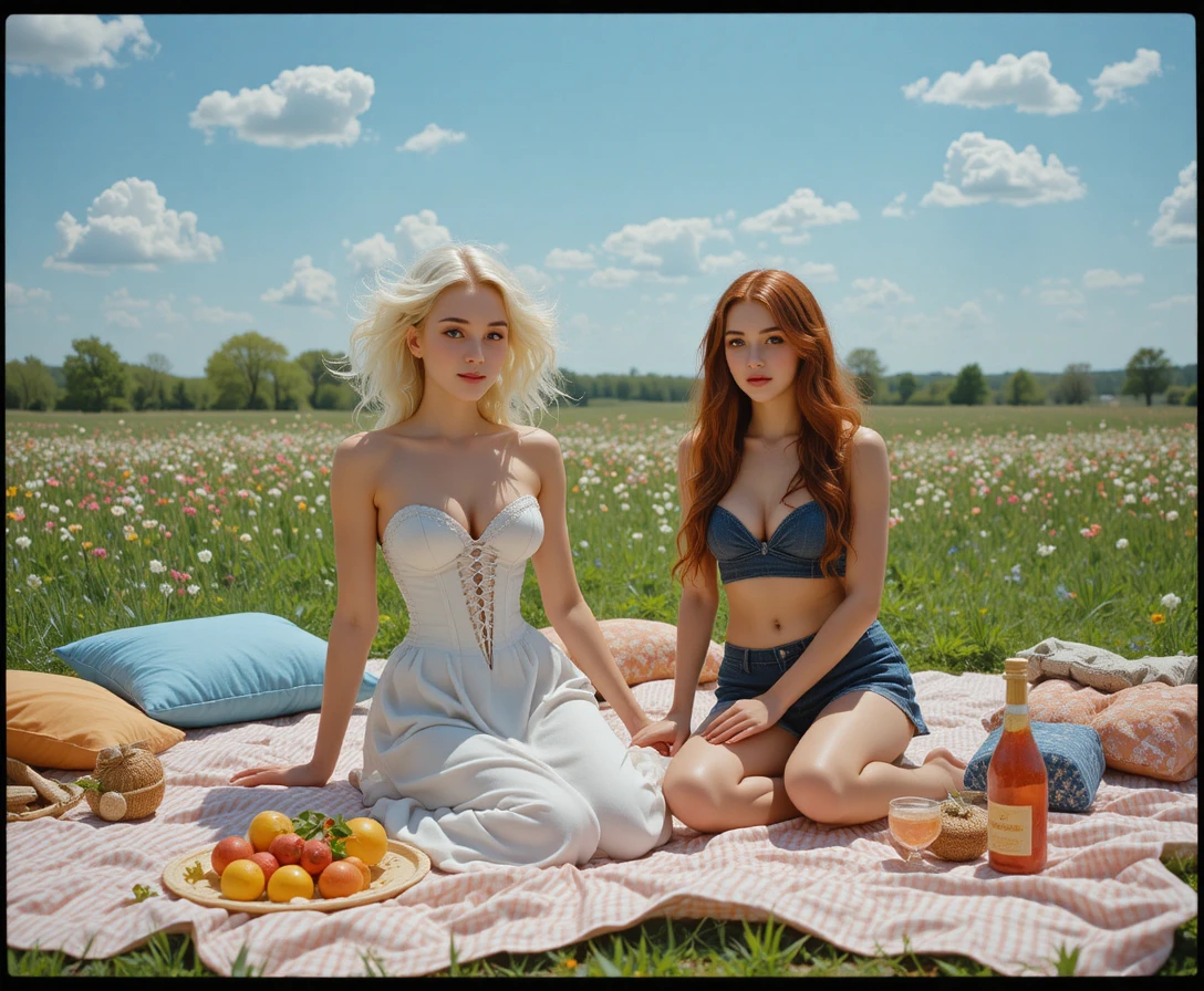 Duas garotas relaxando em uma toalha de piquenique em um prado ensolarado