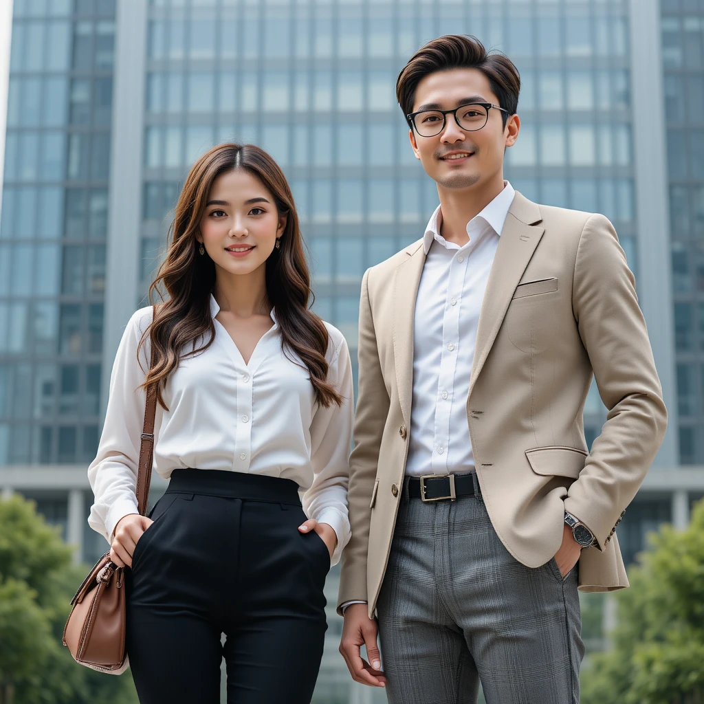 Stylish couple standing by a modern office building facade
