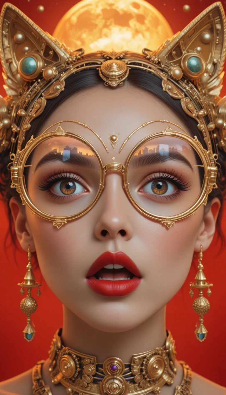 Surprised young woman in golden steampunk cat headgear