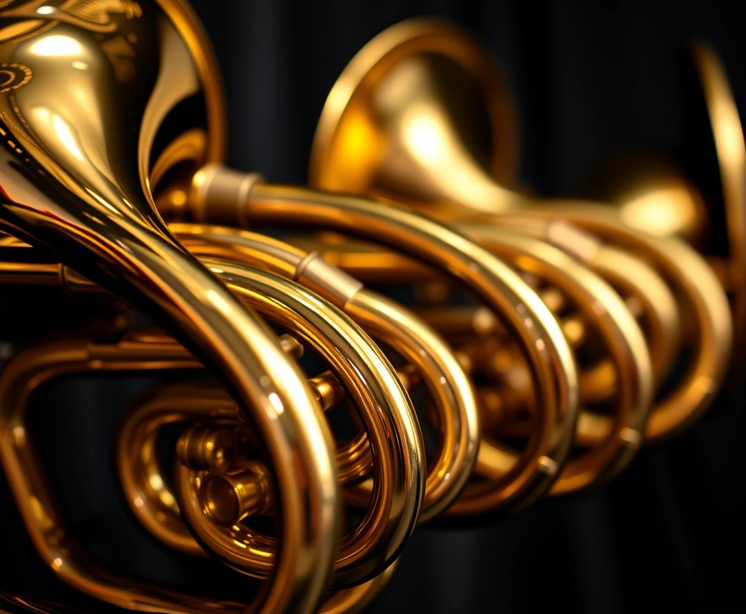 Close up brass acoustic horns under focused spotlight
