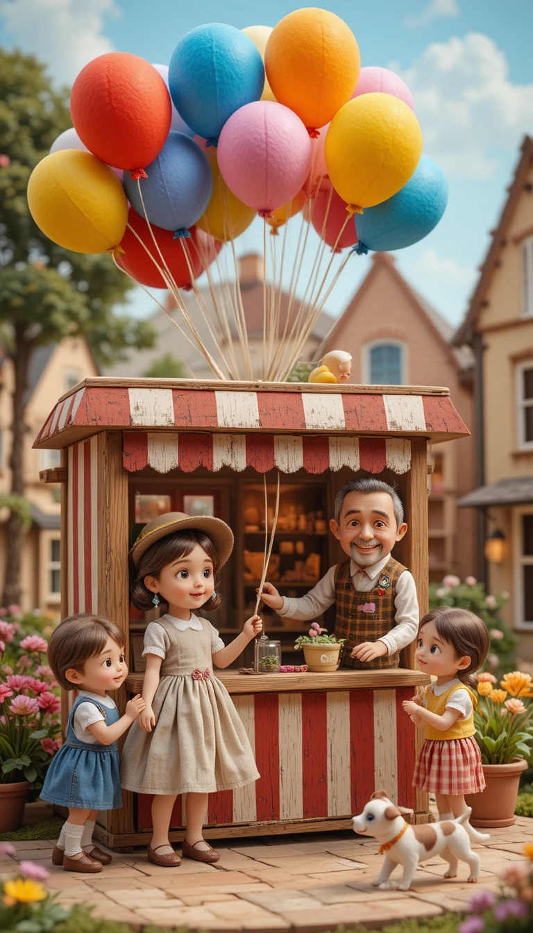Cartoon girl buying a balloon in a cozy toy town square