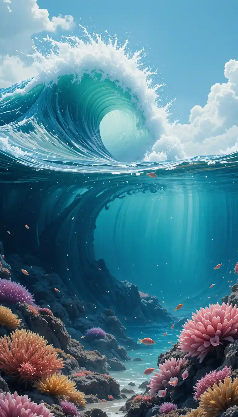 海嘯浪與珊瑚礁的水上水下分割視角