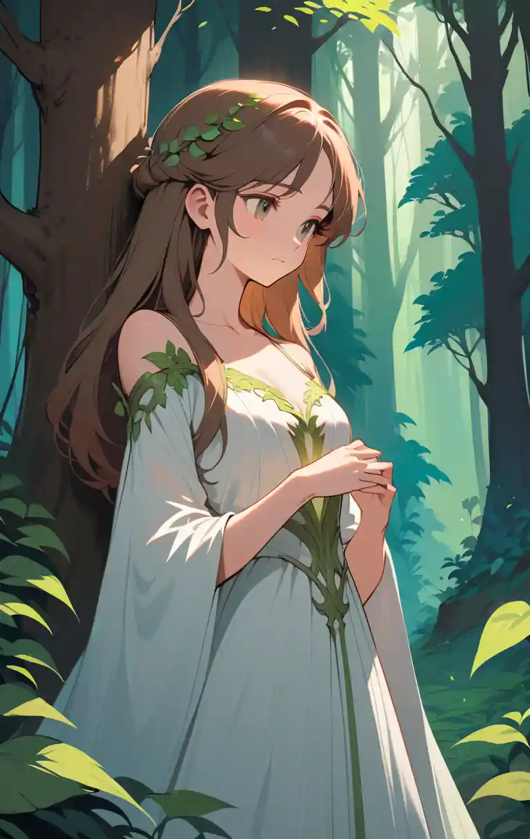 苔むした木の枝に立つ白いドレスの女性