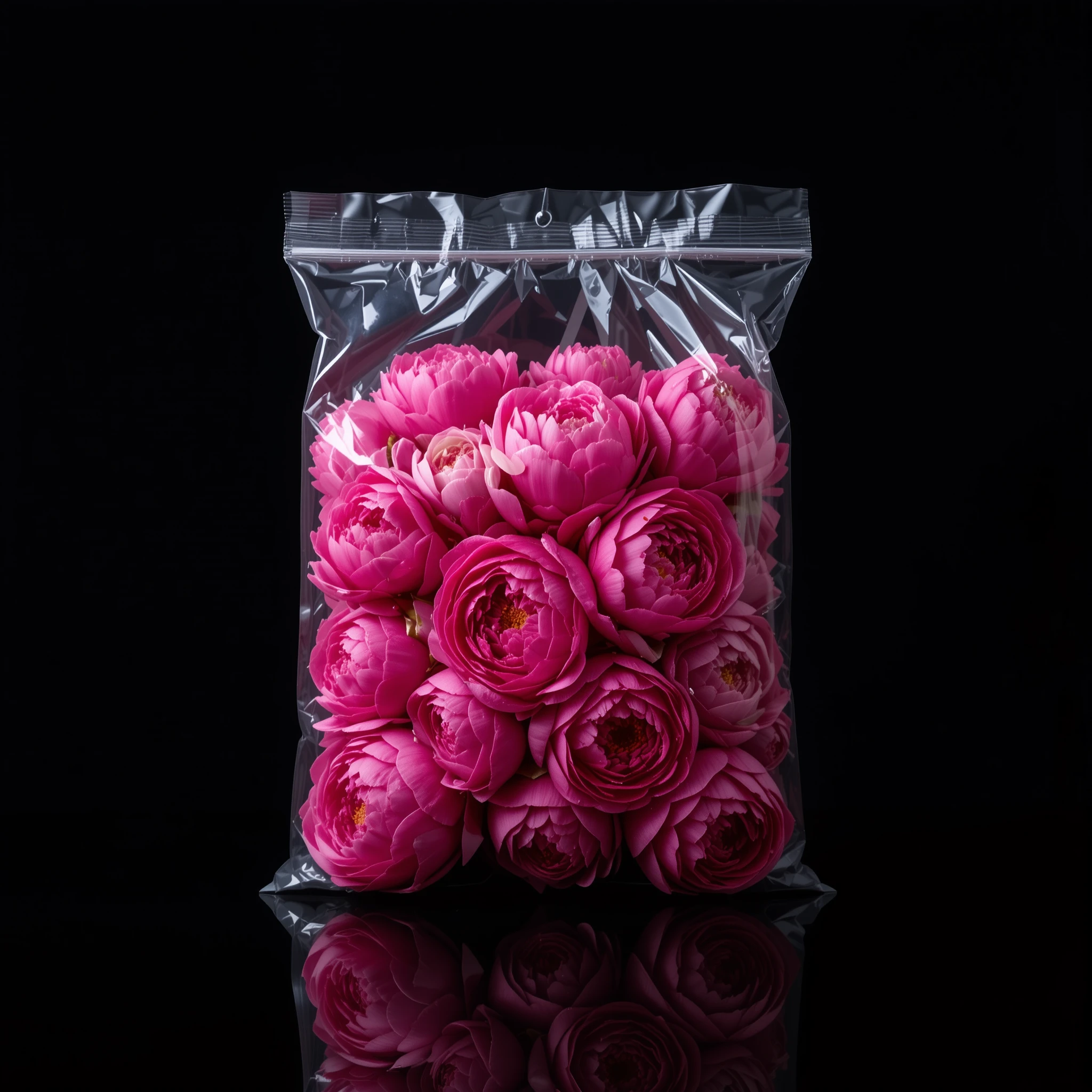Peonie rosa sottovuoto in una busta di plastica quadrata trasparente