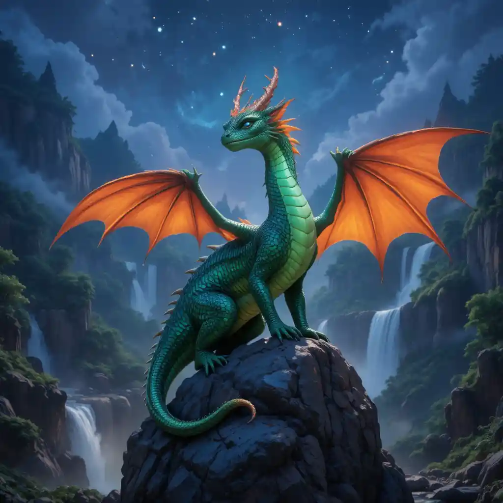 Emerald dragon resting on a rock under the night sky