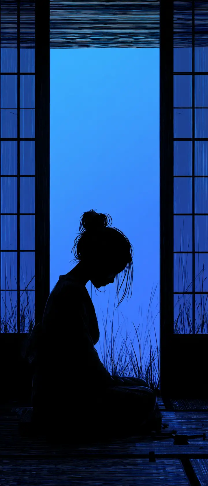 Girl Sitting In Moonlit Japanese Room In Silent Reflection