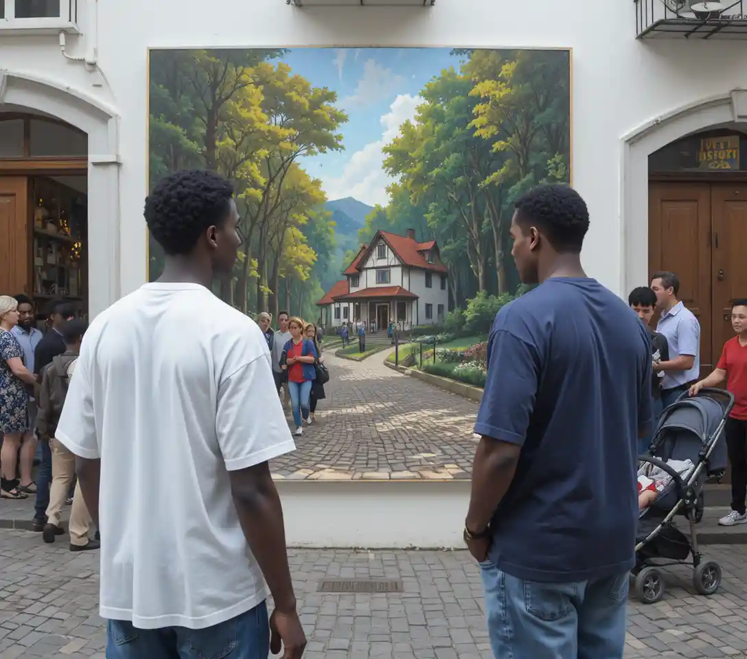 Two men viewing a colorful forest painting on a city street
