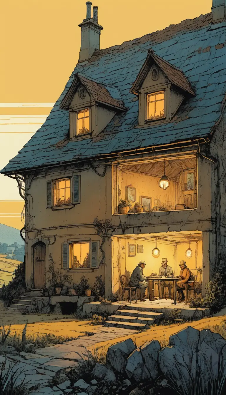 Rural fantasy cottage under dim lamplight window scene