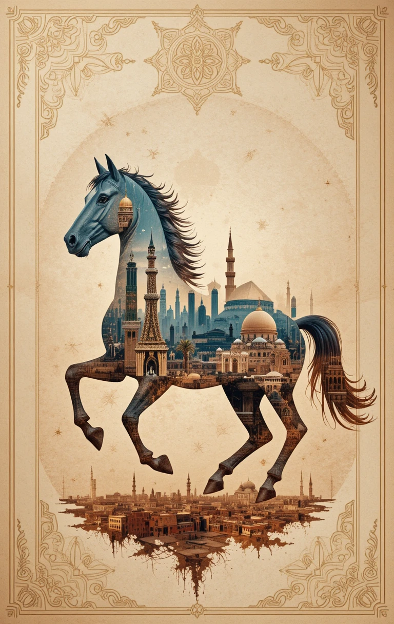 Silueta de caballo árabe con paisaje urbano de Oriente Medio
