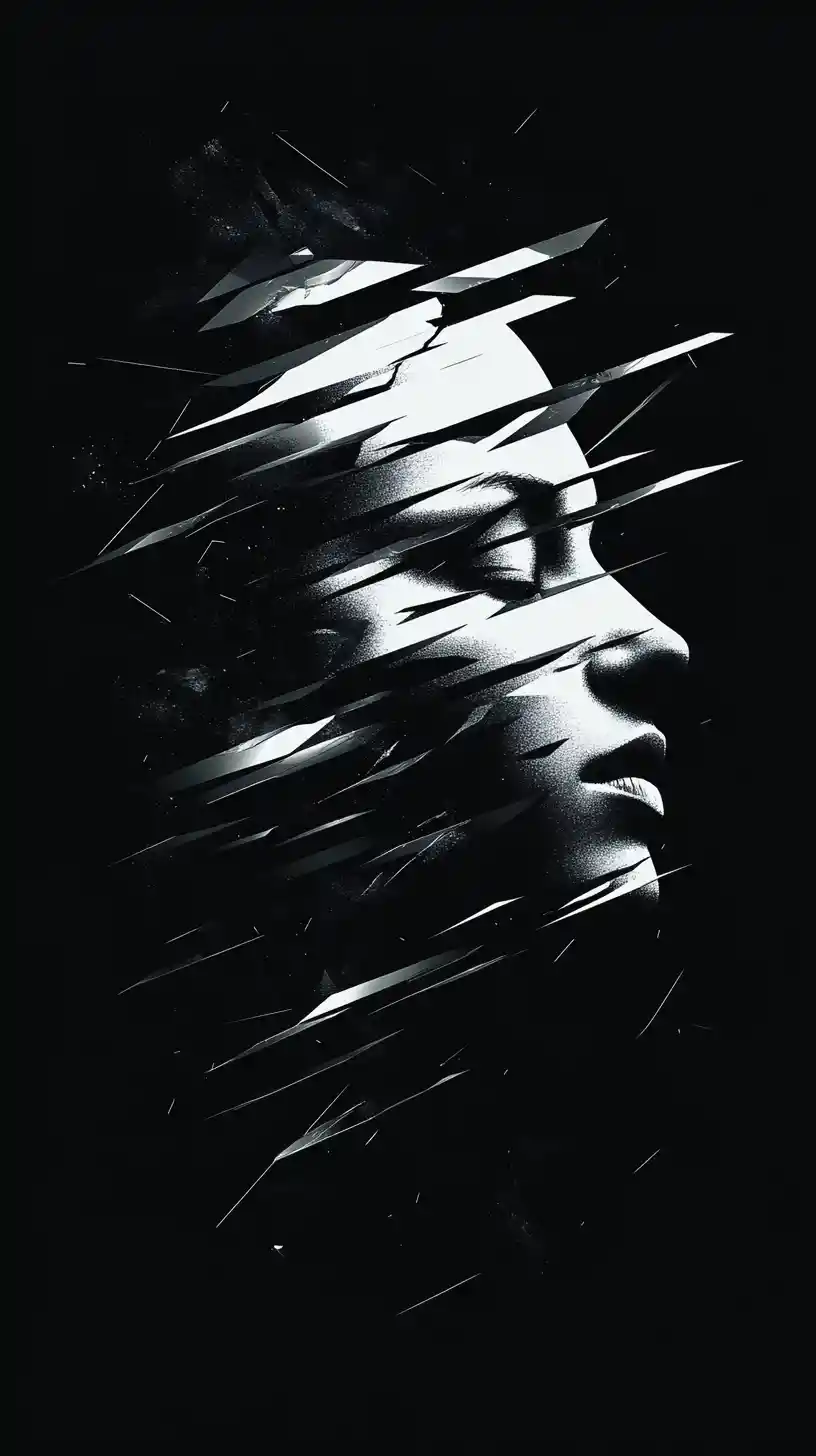 Minimalist fractured face silhouette on black abstract void