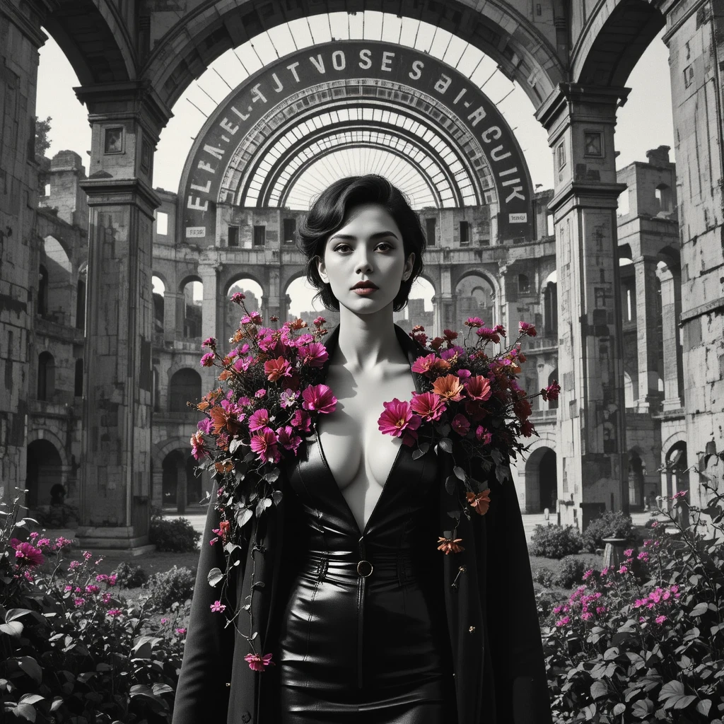 Surreal woman portrait in ruins with vivid floral collage