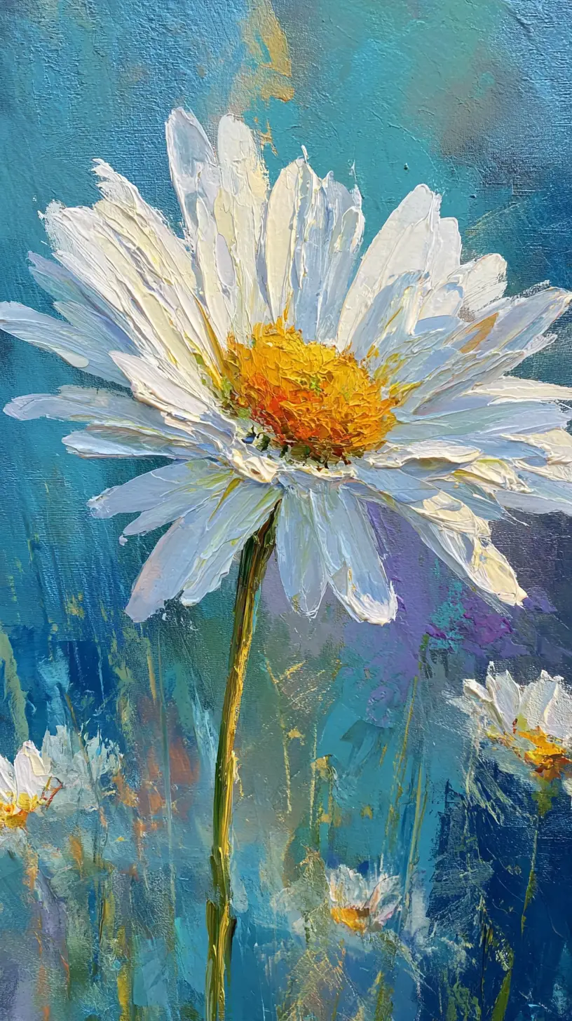 Impressionistic close up painting of a single daisy