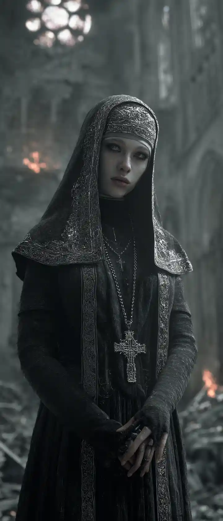 Fallen gothic nun in ruins of a burning cathedral