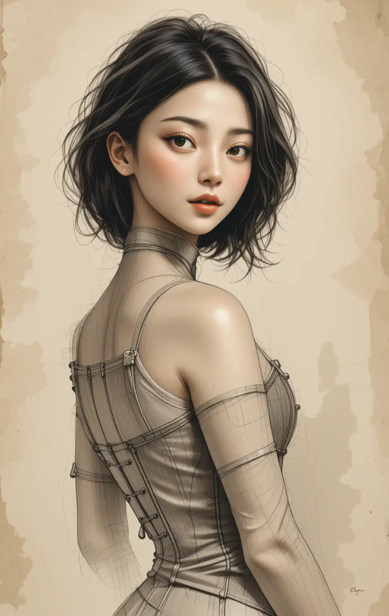 Sepia portrait drawing of young woman in victorian corset