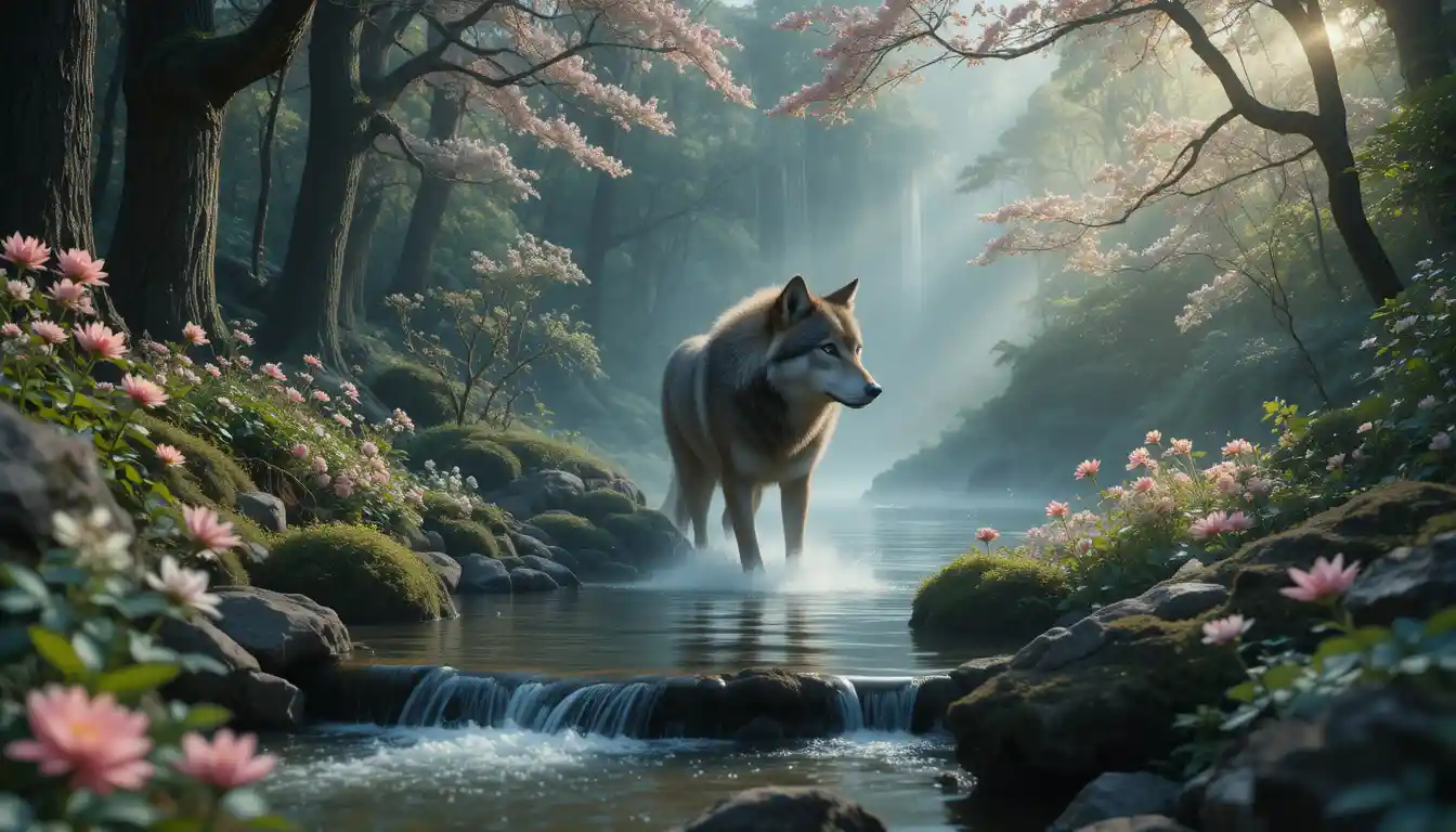 Wolf Emerging From Forest With Waterfall And Flowers