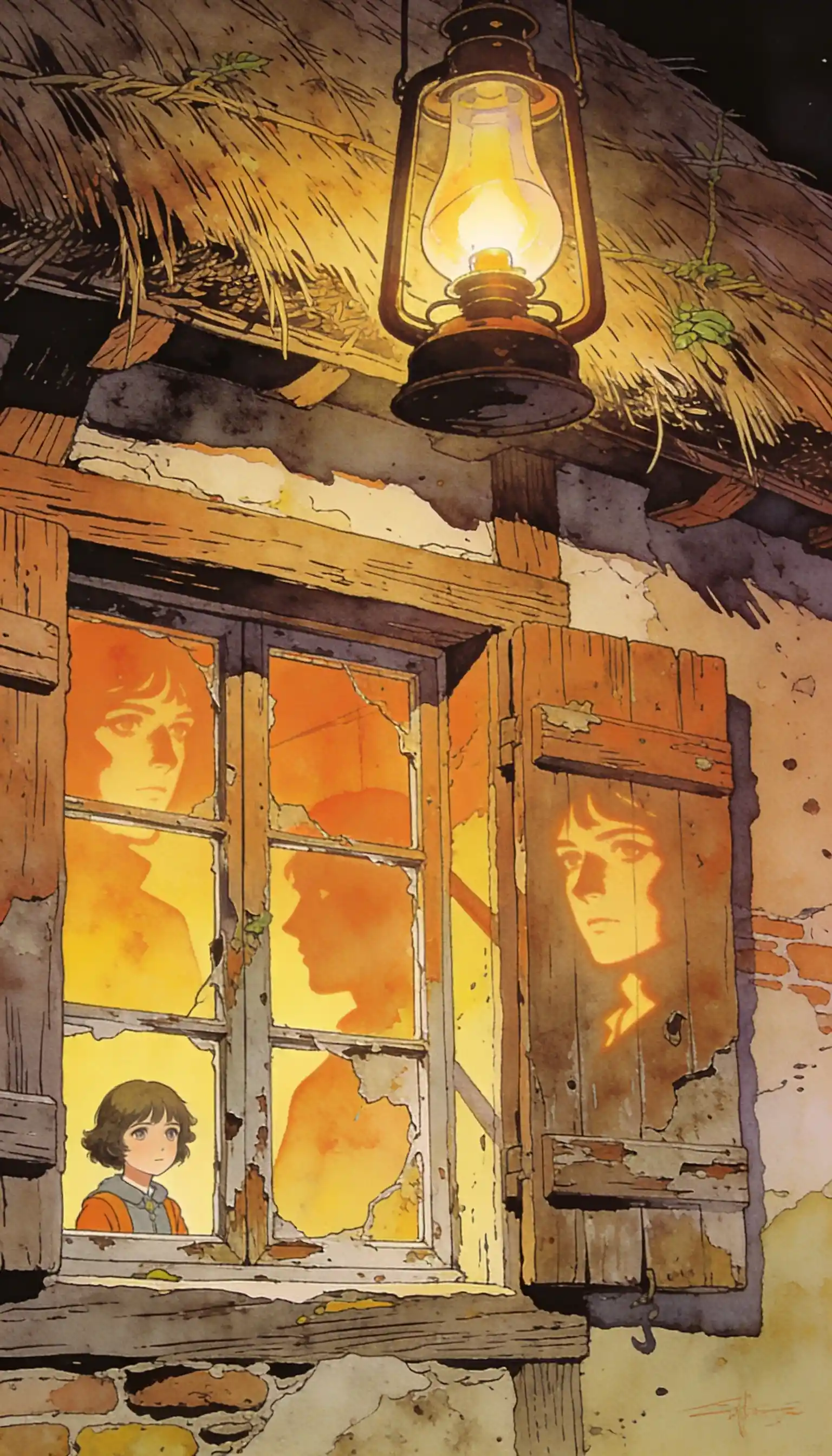 Rural cottage window scene under dim lamplight illustration