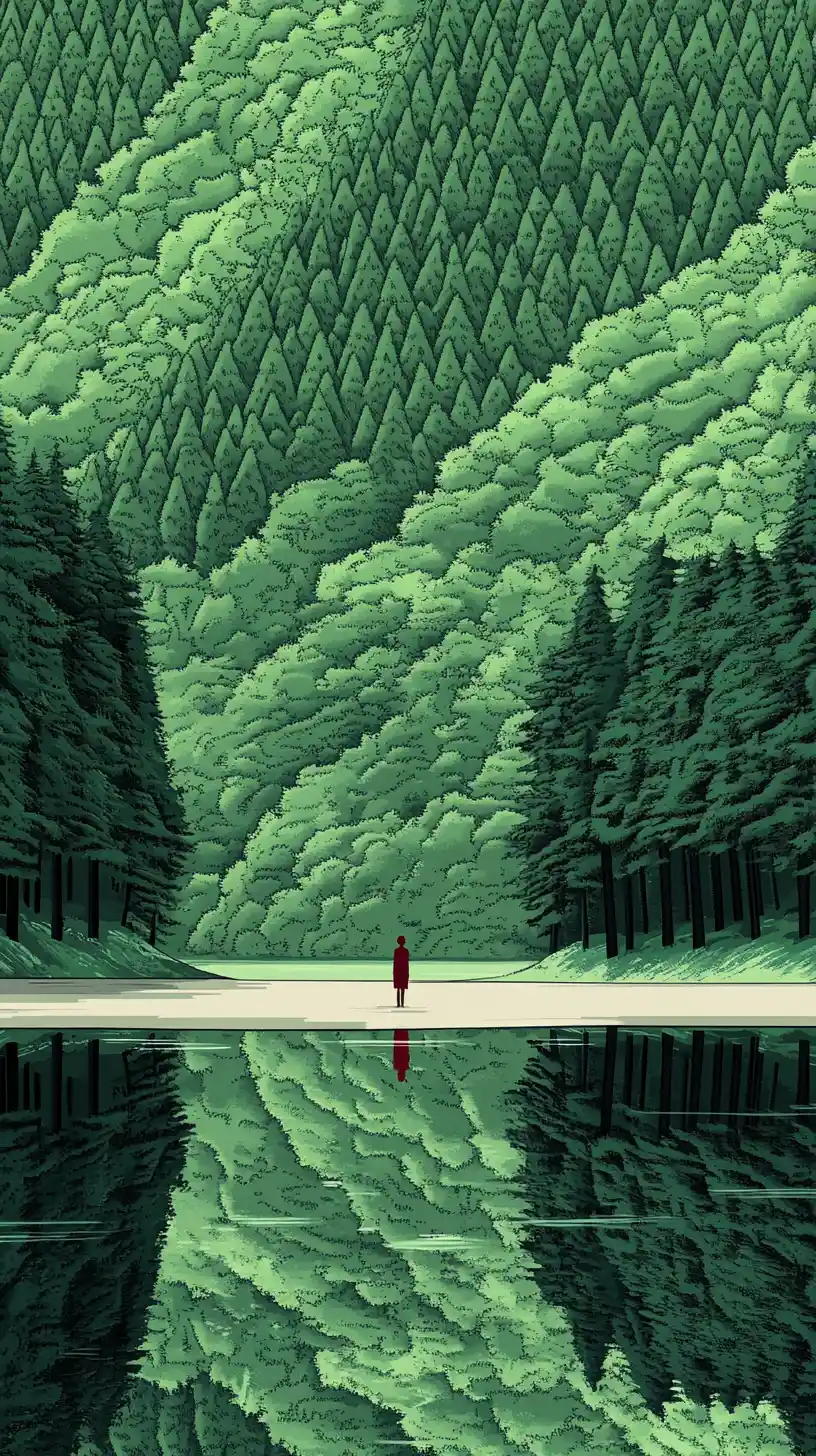 Solitary figure by reflective forest lake at dusk