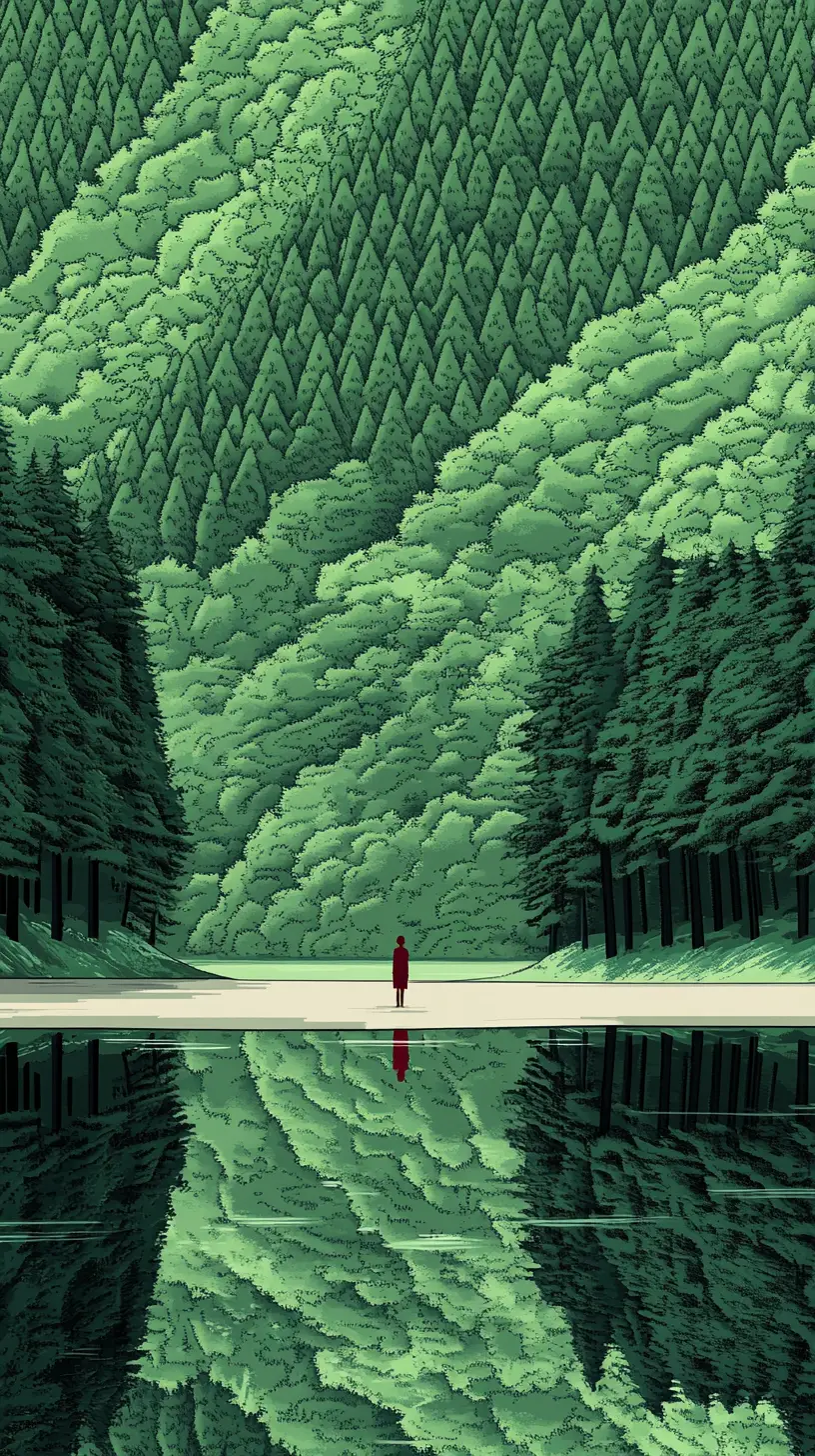 Solitary figure by reflective forest lake at dusk